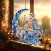 Moon Lady Acrylic Suncatcher, Stained Glass Style Woman with Lantern Crescent Window Hanging, Whimsical Fantasy Night Sky Home Decor Gift